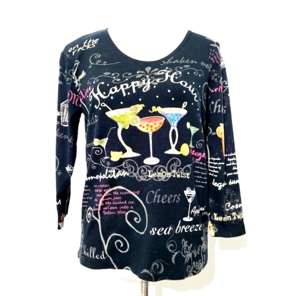 cactus bay Tops - Cactus Bay Women's Size Medium Black Happy Hour Cocktail 100% Cotton Shirt Top